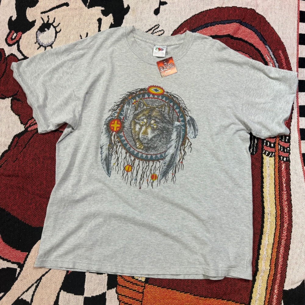 Fruit of the Loom Wolf Dreamcatcher Graphic T-Shirt Gray Mens XL NWT